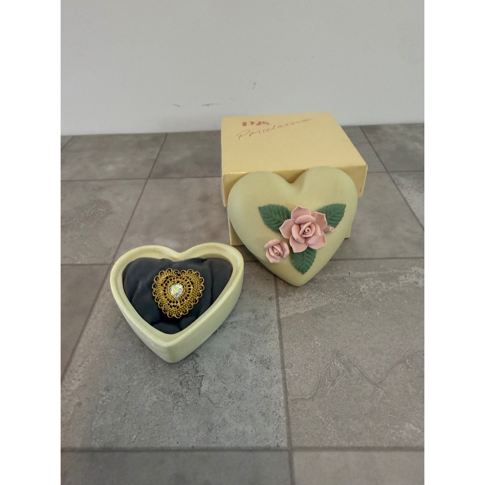 1928 Porcelains Heart Trinket Box & Gold Filigree AB Crystal Heart Brooch Set